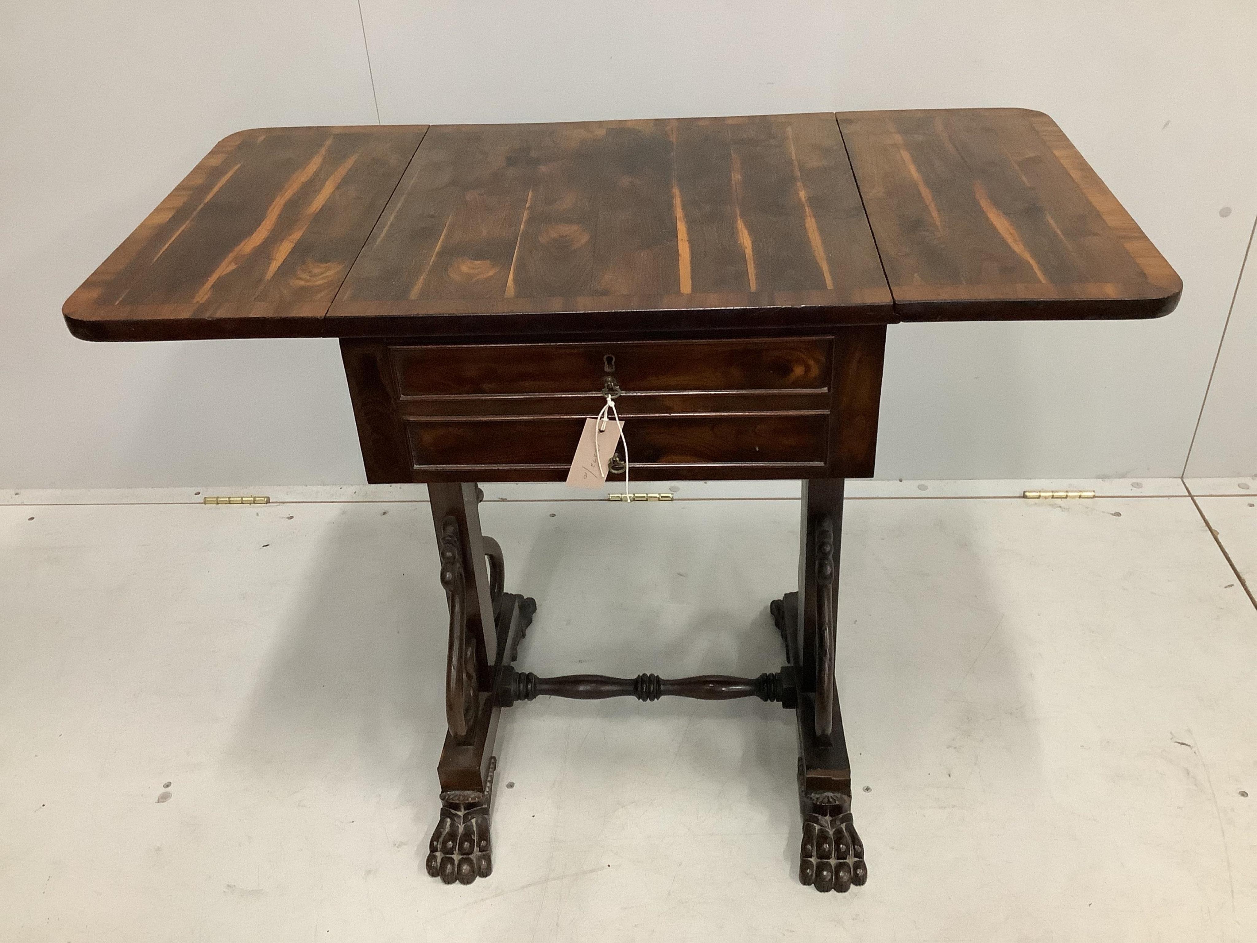 A William IV laburnum drop leaf work table, width 48cm, depth 46cm, height 72cm. Condition - fair